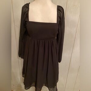 Lucky Brand Black Babydoll Dress, Sheer Long Sleeves Cowboy Boho Black Sz-XS New